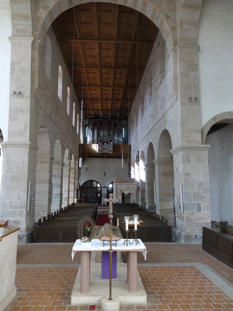 Heidenheim, Mittelschiff im Mnster St. Wunibald, dreischiffige Pfeilerbasilika, erbaut von 1170 bis 1200, Chor erbaut von 1340 bis 1363 (18.03.2015)