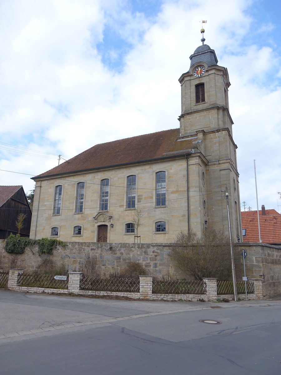 Heilgersdorf, Ev. Pfarrkirche, Saalbau mit Einturmfassade, erbaut von 1753 bis 1758 von Johann Jakob Michael Kchel (24.03.2016)