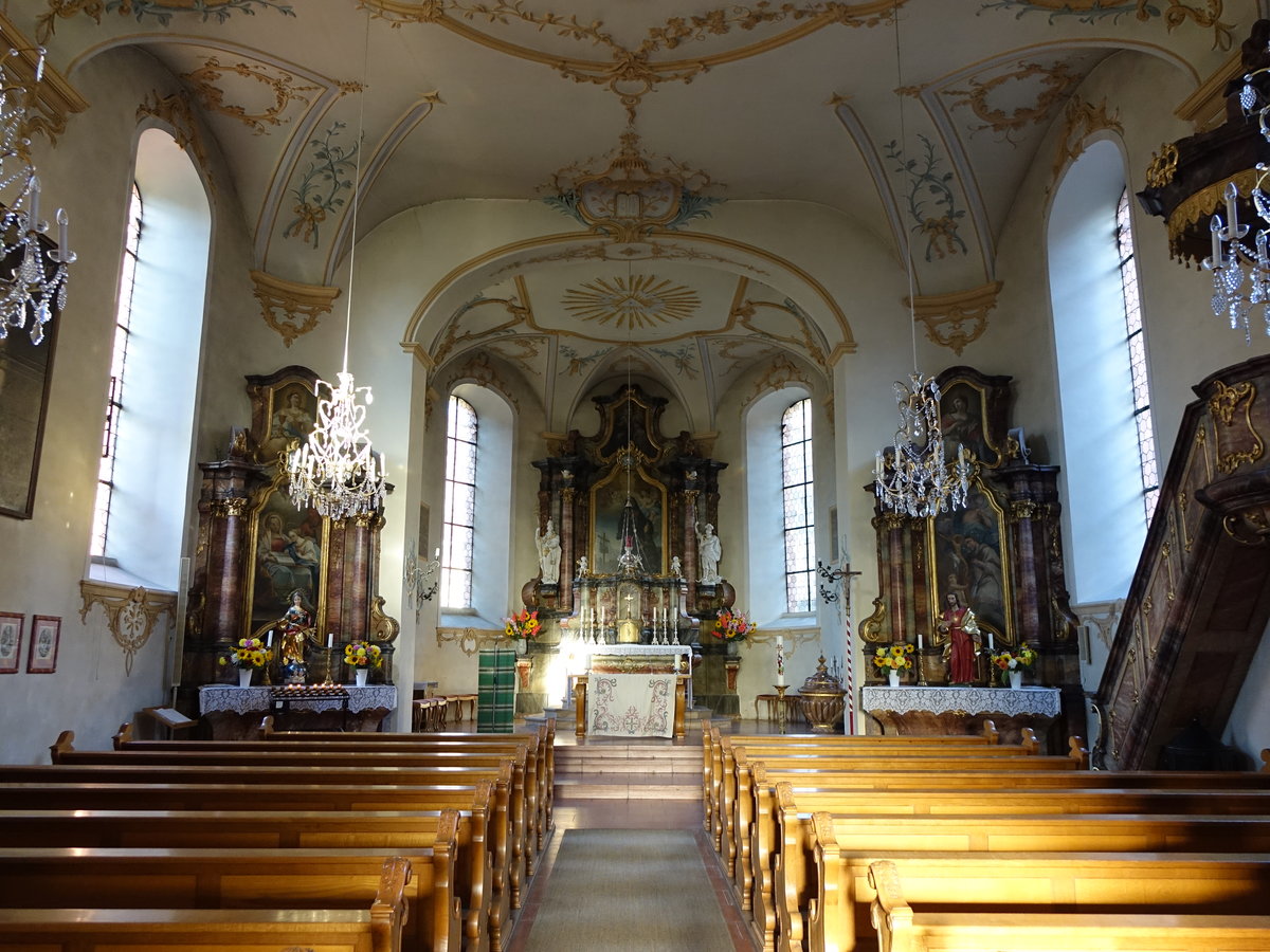 Heimbach, barocker Innenraum der St. Gallus Kirche, Hochaltar von 1776 (13.08.2016)