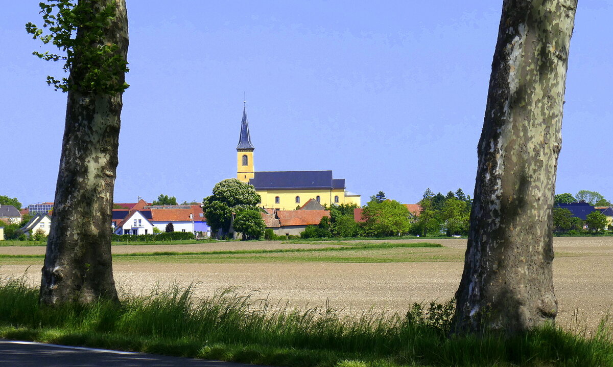 Heiteren/Elsa, Blick von der Landstrae auf den Ort mit der Kirche St.Jakobus der ltere, Mai 2025
