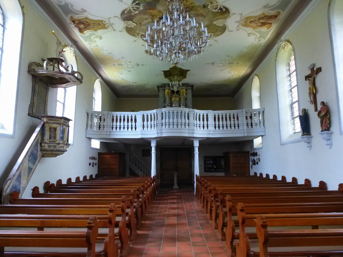 Herbolzheim, Blick zur Orgelempore in der Wallfahrtskirche  Maria im Sand , Juli 2014