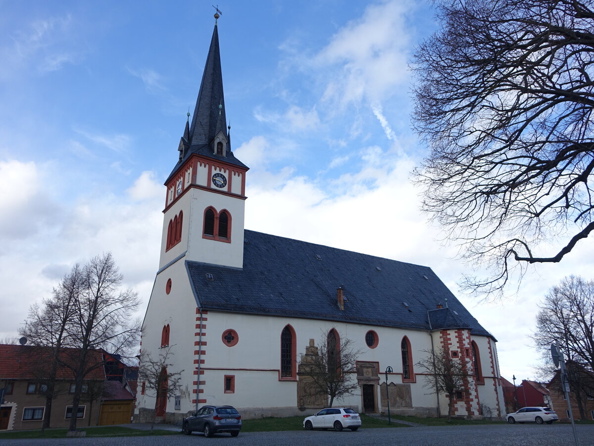 Herbsleben, evangelische Kirche St. Trinitatis, erbaut bis 1820, Kirchturm von 1913 (25.03.2023)