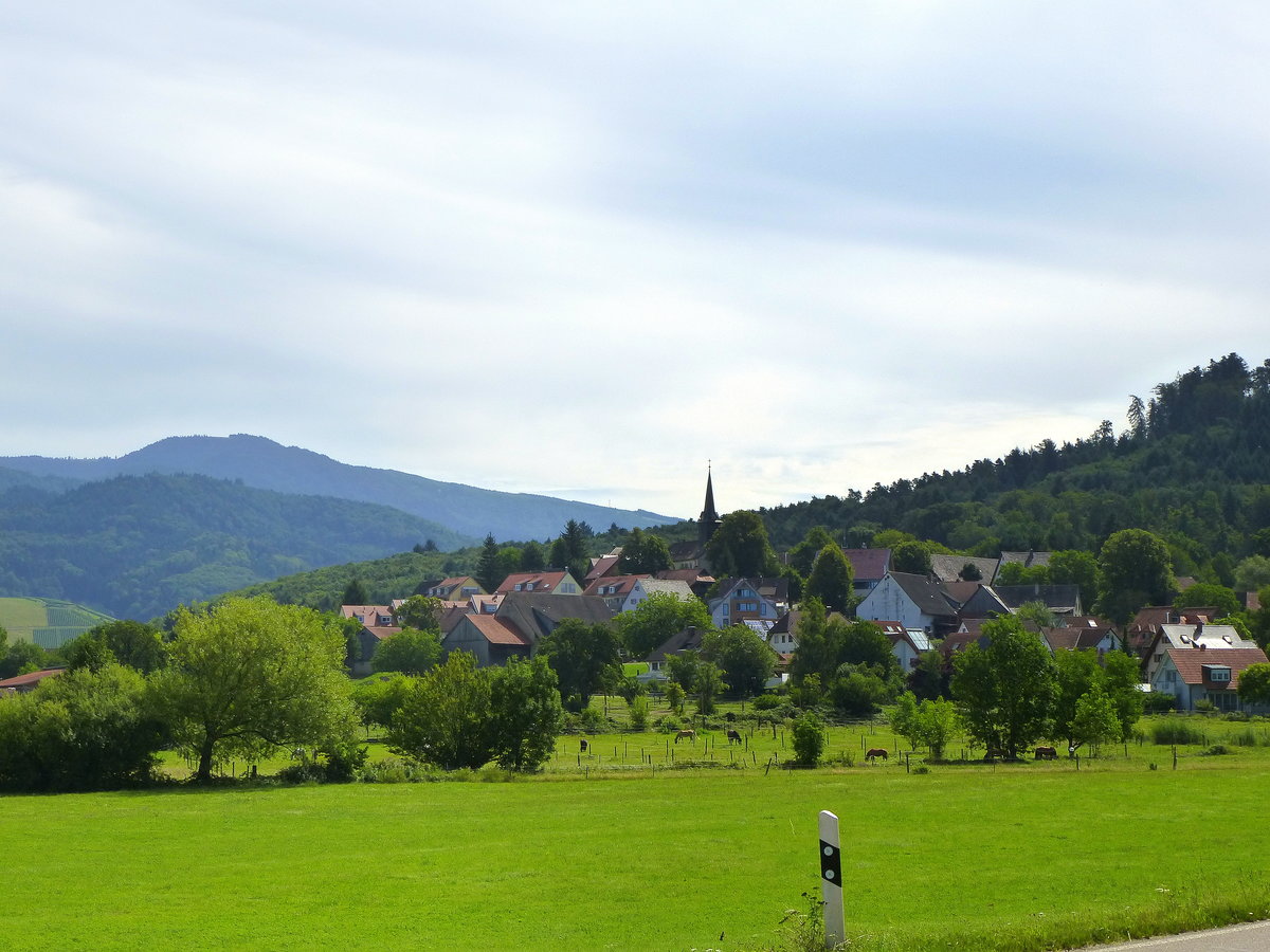 Heuweiler, Blick von Westen auf den ca.1100 Einwohner zhlenden Ort am Eingang zum Glottertal, Juli 2017