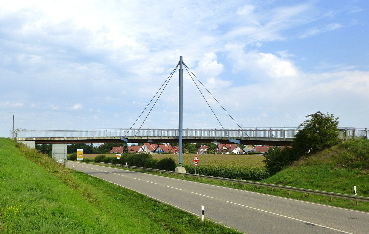 Hochstetten, diese aus verleimten Fichtenholz bestehende Pylonbrcke fr Fugnger und Radfahrer berspannt die B31, Lnge 45m, Baujahr 2003, Aug.2017