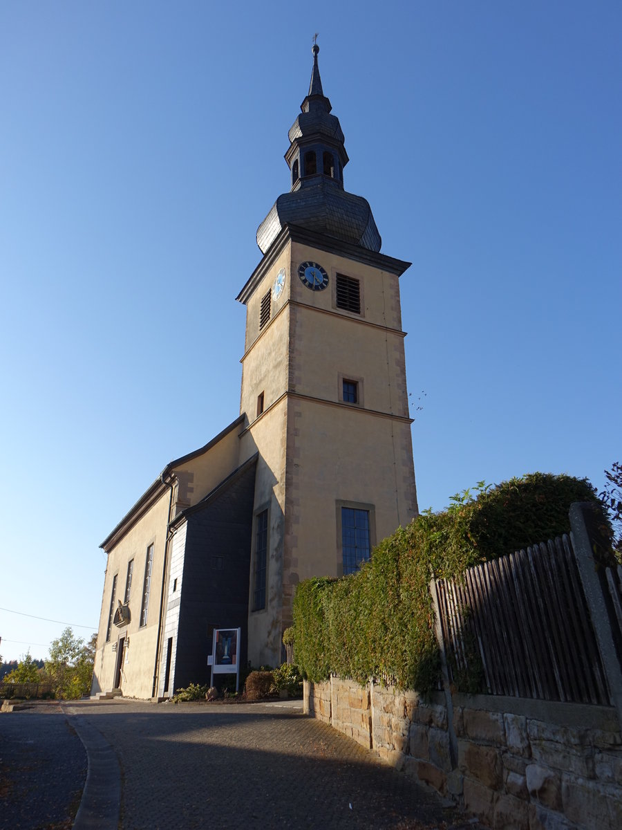 Hchheim, evangelische Kirche, barocke Chorturmkirche, Kirchturm mit Zwiebelhaube, erbaut 1714 (15.10.2018)