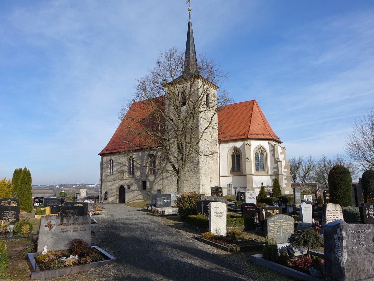 Hohenfeld, Gottesackerkirche oder Bergkirche, Chor und Langhaus 1520, Turmuntergeschosse 13. Jahrhundert, erweitert von 1601 bis 1602 (11.03.2018) 