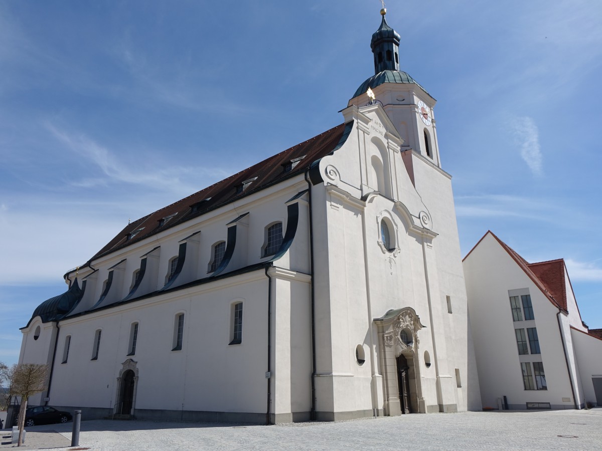 Hohenwart, Klosterkirche St. Georg im Ortsteil Klosterberg, Wandpfeilerkirche mit Satteldach, erbaut von 1899 bis 1903 durch Joseph Anton Mller, neubarock (15.04.2015)