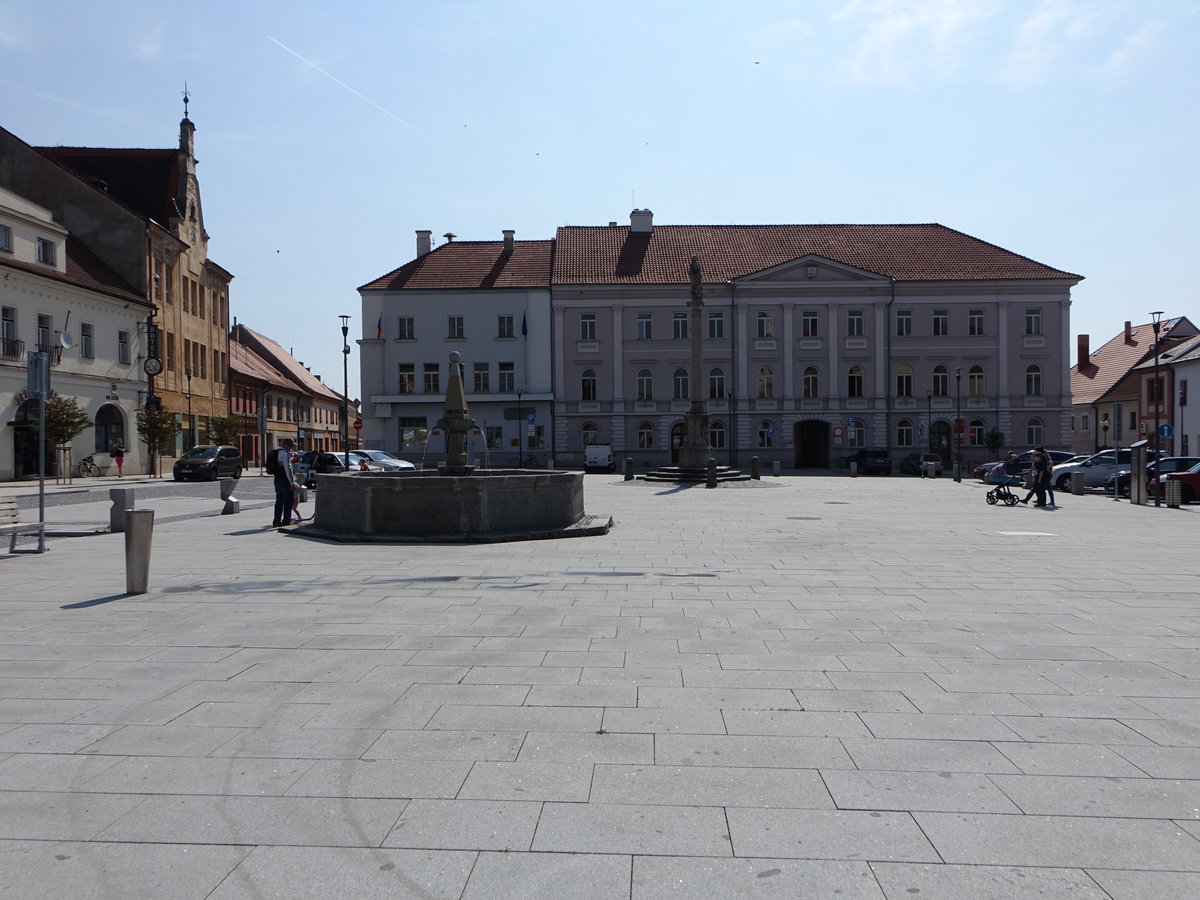 Horazdovice, Rathaus von 1927, Mariensule und steinerer Brunnen am Hauptplatz (25.05.2019)