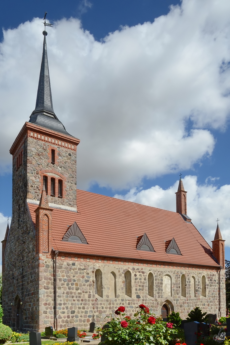 Ihr heutiges Aussehen erhielt diese um 1300 gebaute Feldsteinkirche zwischen 1860 bis 1900 durch den Bau des Turmes und den kleinen Türmchen. (Ihlenfeld, August 2013)