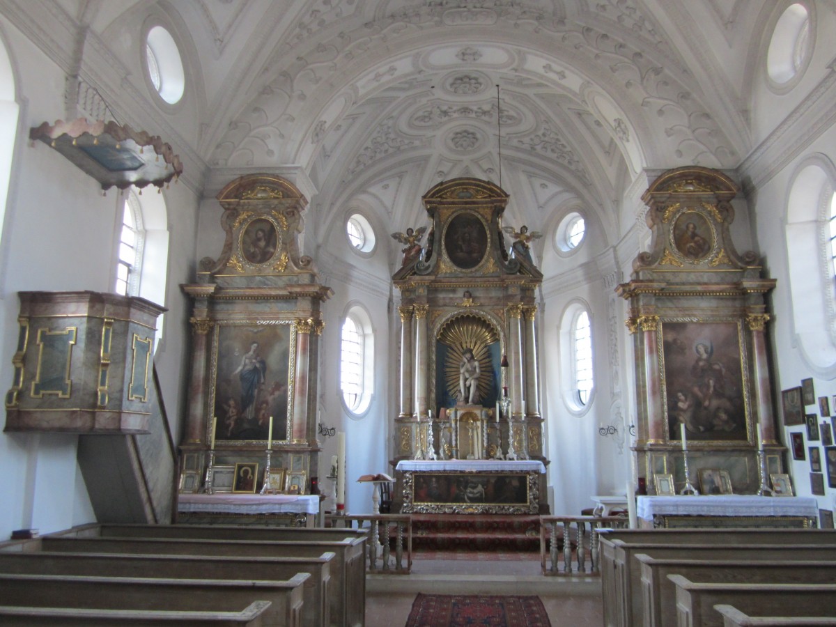 Ilmmnster, Altre und Kanzel der Wallfahrtskirche St. Pankratius in Herrnrast (14.03.2014)