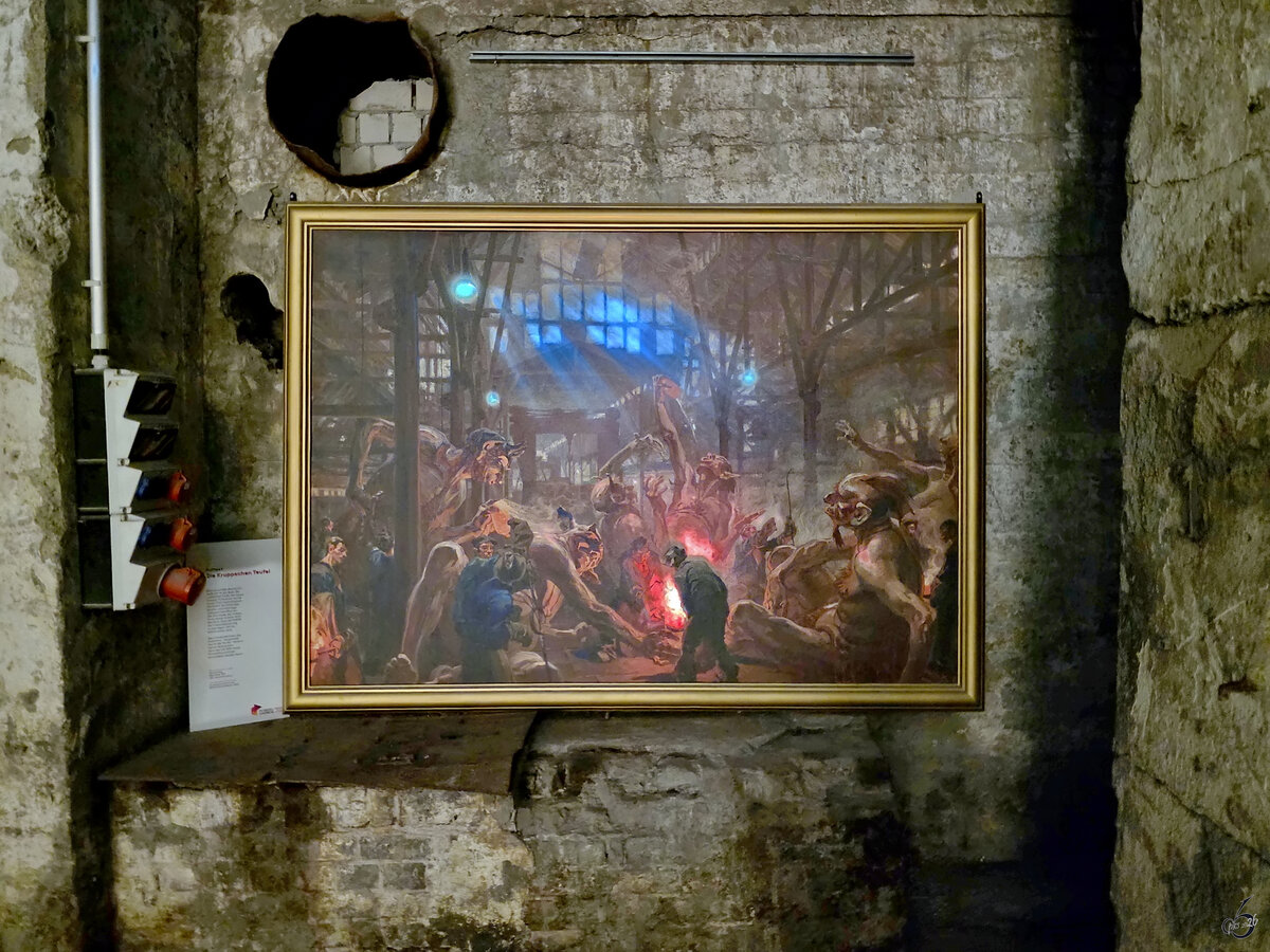 Im dunklen Kellergew�lbe der Gebl�sehalle fand ich dieses eindrucksvoll iluminierte Bild mit dem Namen  Die Krupp´schen Teufel  von Heinrich Kley, welches meiner kleinen Enkelin doch eher Angst einfl��te. (Henrichsh�tte Hattingen, Oktober 2026)
