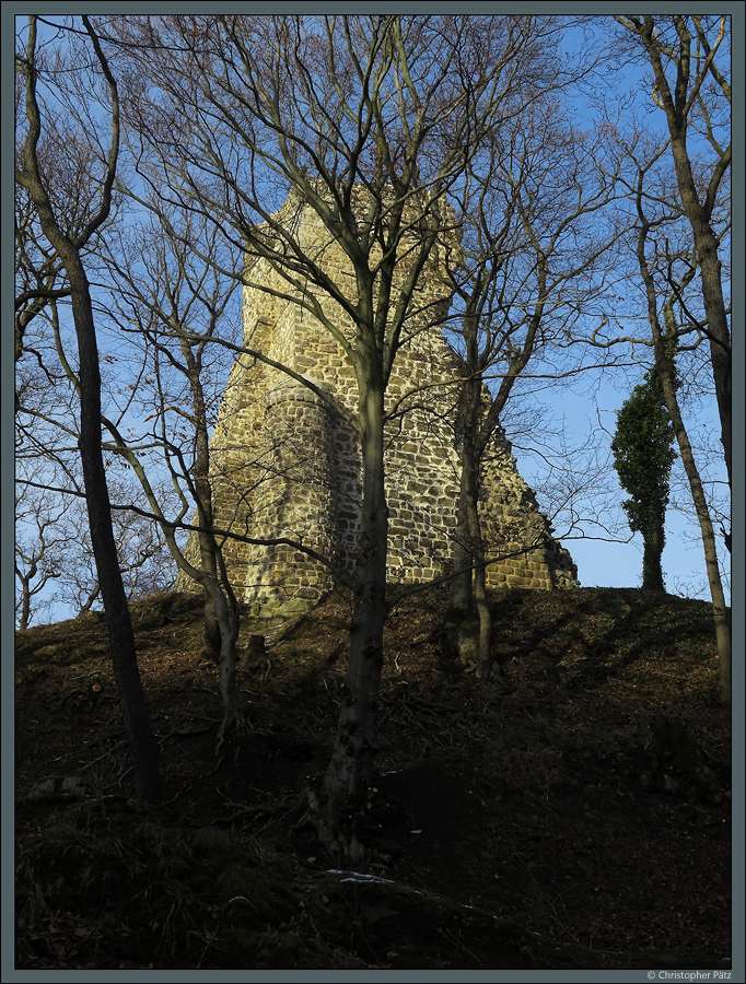 Imposantestes Bauwerk der Lauenburg ist der Bergfried der Vorburg, der heute als Aussichtsturm bestiegen werden kann. (bei Stecklenberg, 19.01.2019)