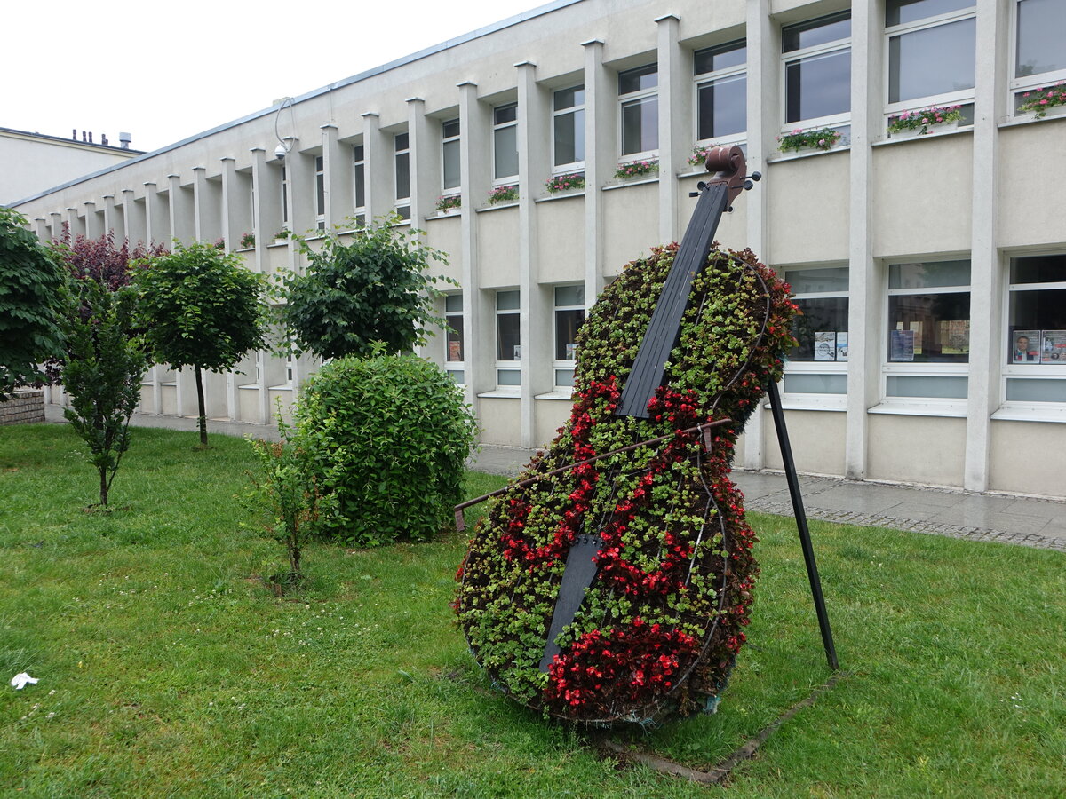 Inowrocław / Hohensalza, Instrument aus Blumen vor der Bibliothek Jana Kasprowicza (12.06.2021)