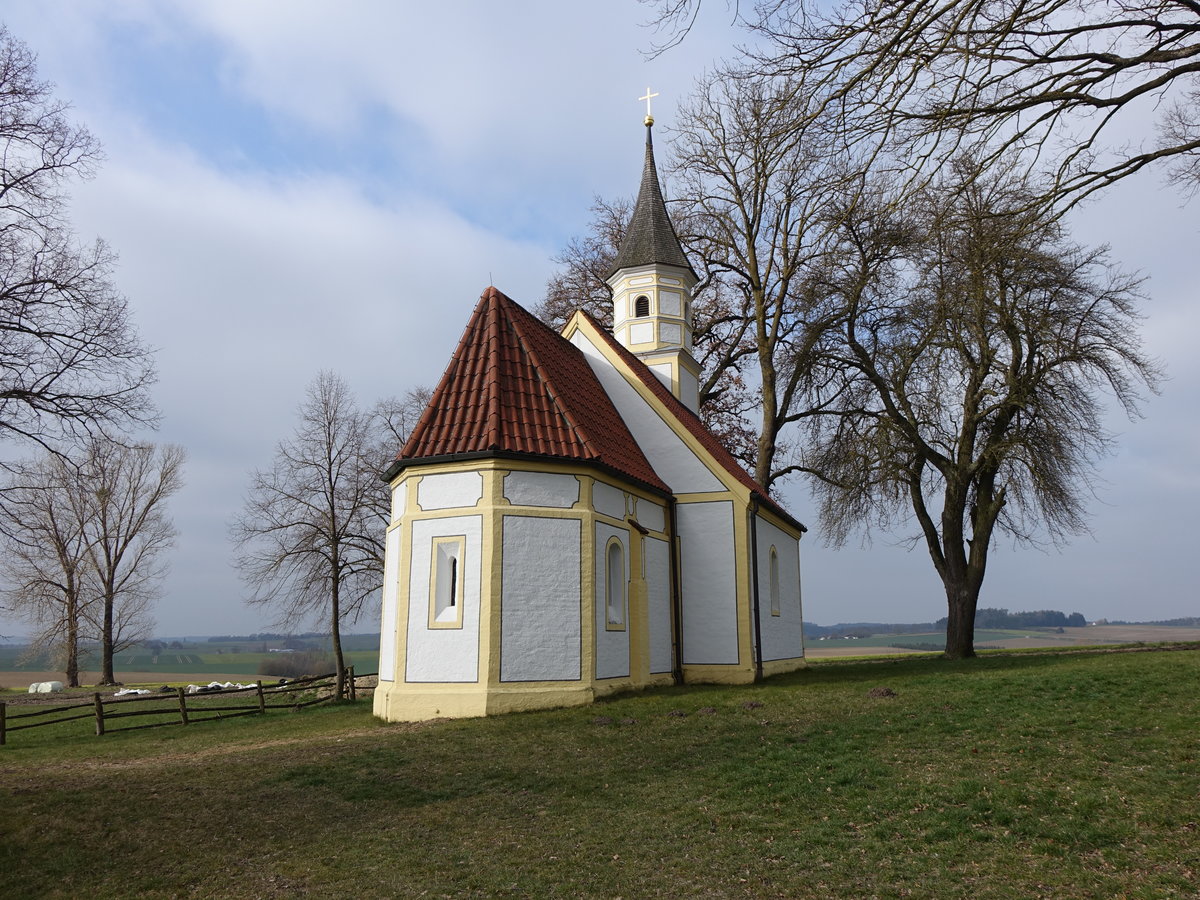 Inzkofen, Kirche St. Jakobus, Romanischer Saalbau mit stark eingezogenem Polygonalchor und neugotischem Dachreiter (20.03.2016)