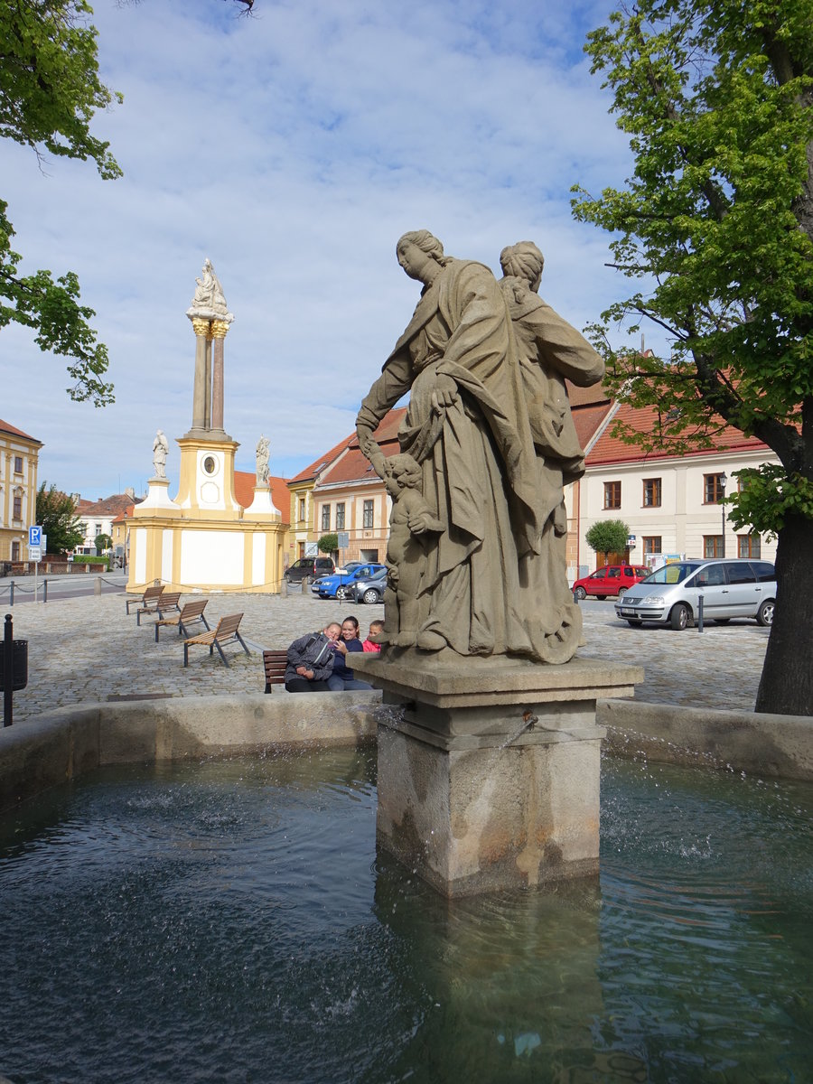 Jaromerice nad Rokytnou, Brunnen und Dreifaltigkeitssule von 1716 am Namesti Miru (30.05.2019)
