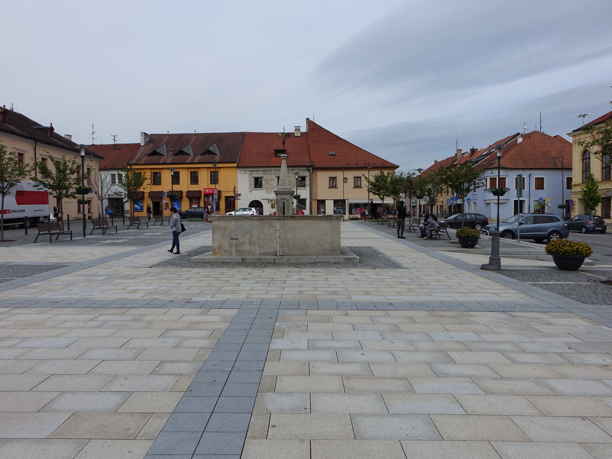 Kaplice, historische Huser und Brunnen am Hauptplatz Namesti (27.05.2019)