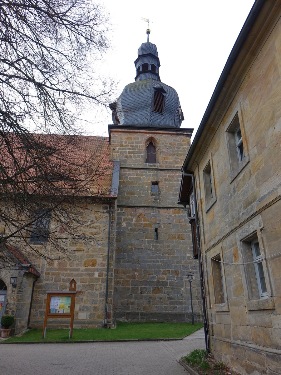 Kasendorf, Ev. St. Johannes Kirche, Saalbau mit eingezogenem Chor und dreigeschossigem Westturm, erbaut bis 1492 (16.04.2017)