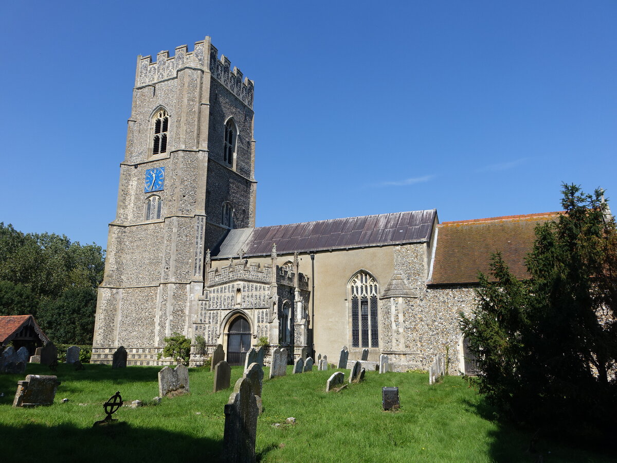 Kersey, Pfarrkirche St. Mary, erbaut im 12. Jahrhundert, Kirchturm von 1481 (07.09.2023)