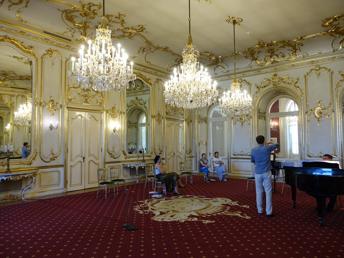 Keszthely, Weier Salon im Schloss Festetics, Parkett von Janos Kerbl, franzsische Mbel im Stil Louis XVI. (29.08.2018)