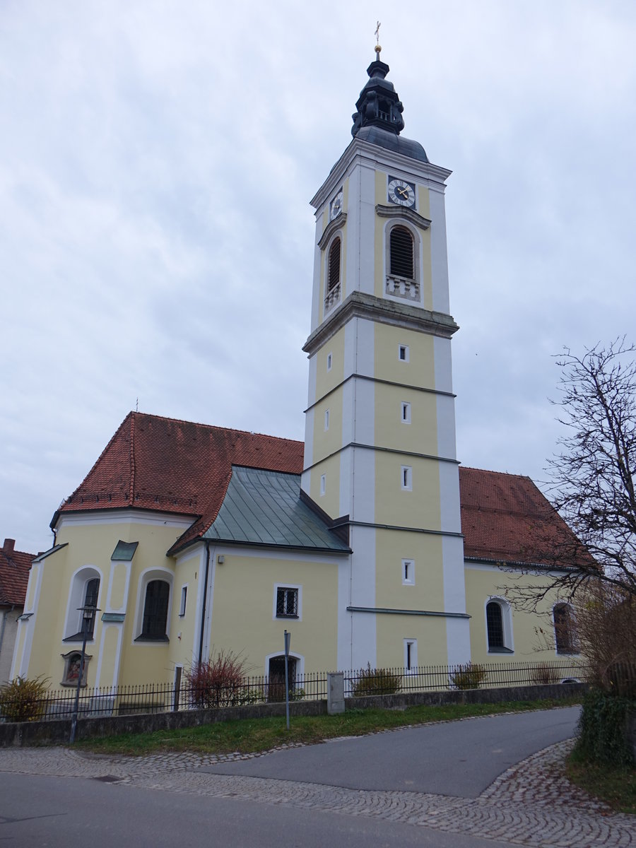 Kirchdorf im Wald, katholische Pfarrkirche St. Maria Immaculata, Saalkirche mit Steildach und einseitig eingezogenem Chor, erbaut ab 1708 (05.11.2017)