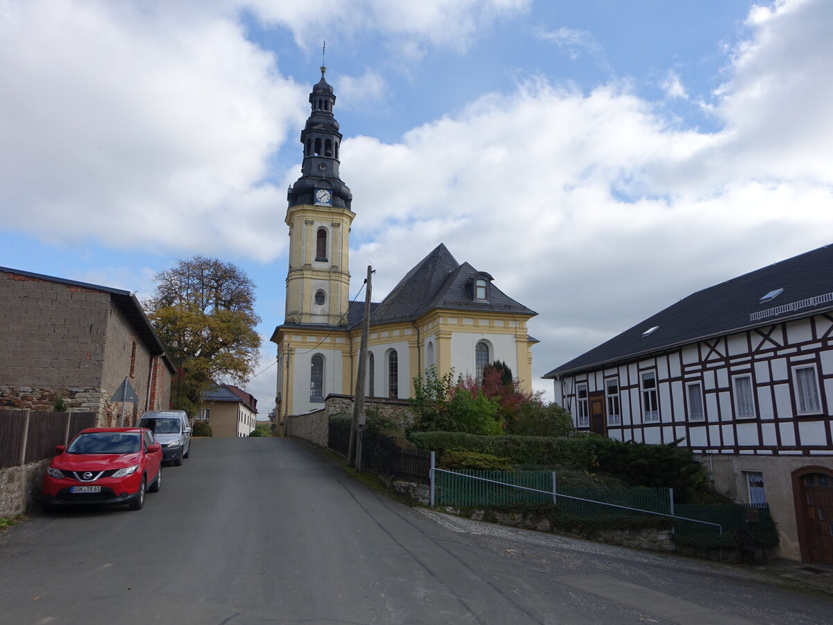 Kirschkau, evangelische Jesuskirche, erbaut von 1751 bis 1753 durch den Baumeister Johann Gottlieb Riedel (19.10.2022)