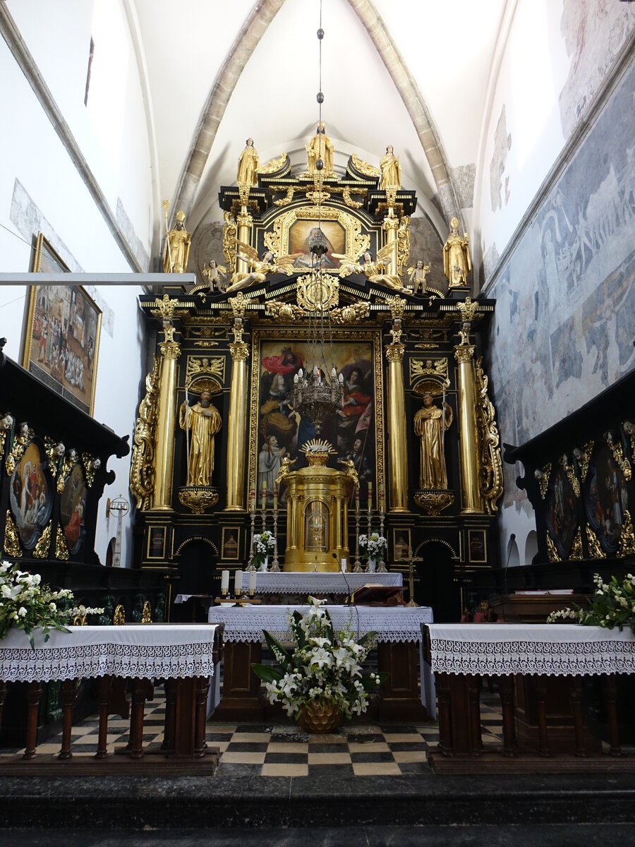 Koprzywnica, frhbarocker Hochaltar von 1645 in der St. Florian Kirche, Altarbild von Bartholomus Strobel (18.06.2021)