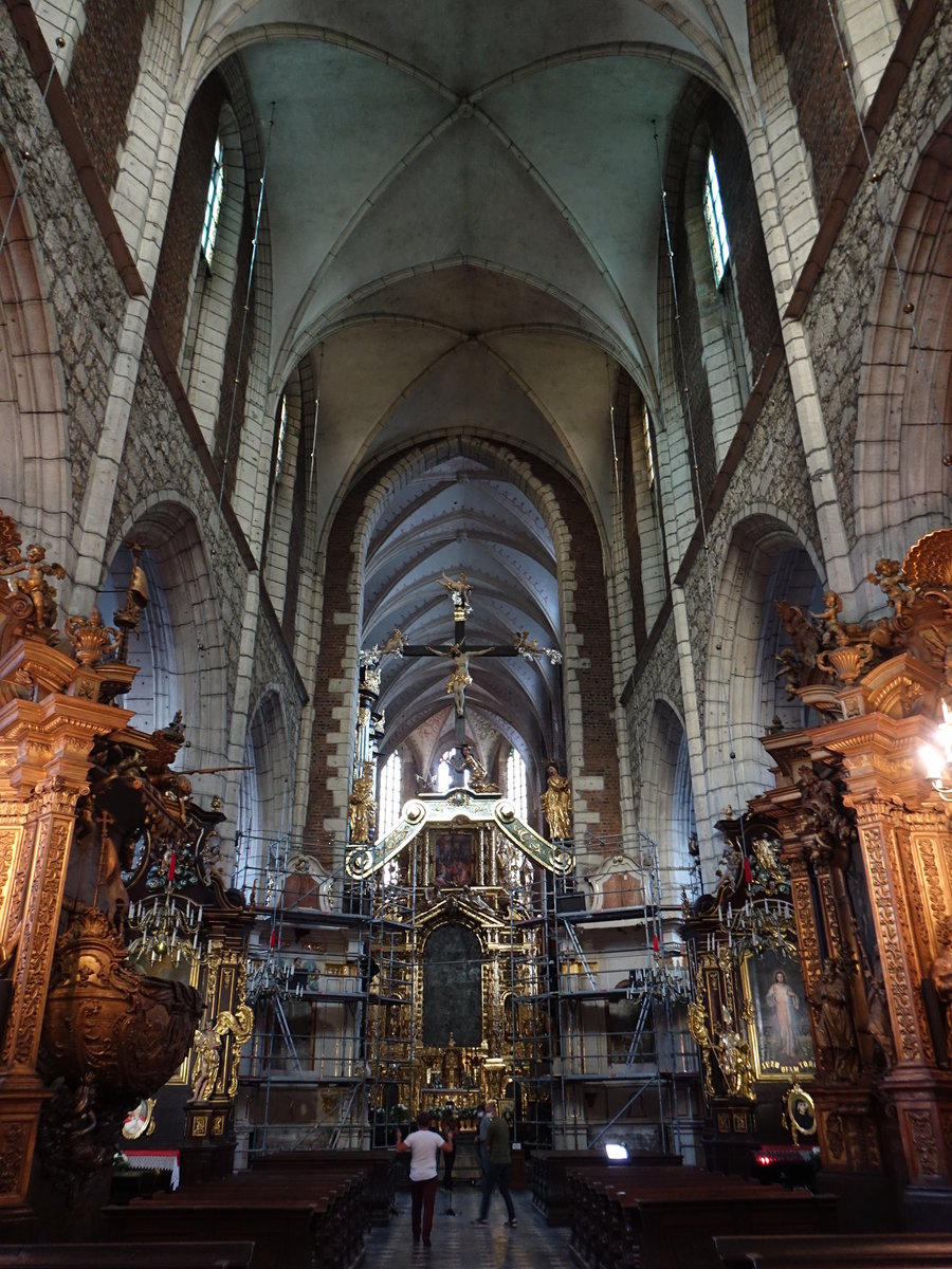 Krakau, Mittelschiff der Fronleichnamskirche, Chorgesthl 17. Jahrhundert, Kanzel 18. Jahrhundert (04.09.2020)