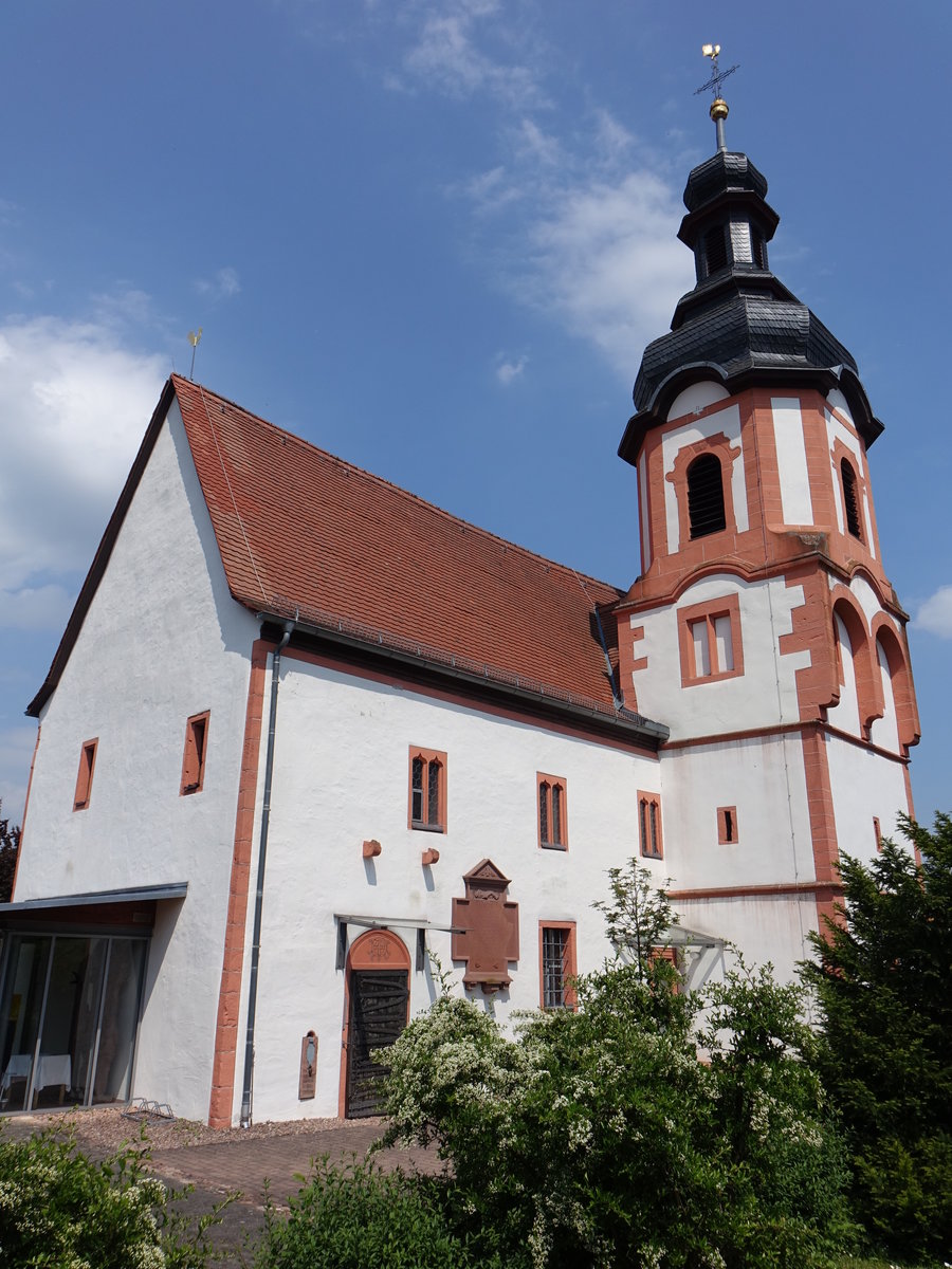 Kreuzwertheim, Ev. Hl. Kreuz Kirche, Saalkirche mit eingezogenem Rechteckchor, Chorflankenturm mit welscher Haube, erbaut im 14. Jahrhundert (12.05.2018)