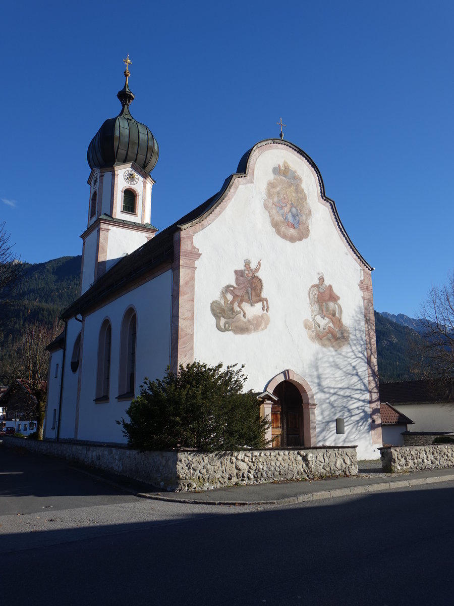 Krn, kath. Pfarrkirche St. Sebastian, barocker Saalbau mit eingezogenem Chor und stlichem Zwiebelturm, erbaut von 1757 bis 1763 (11.11.2018)