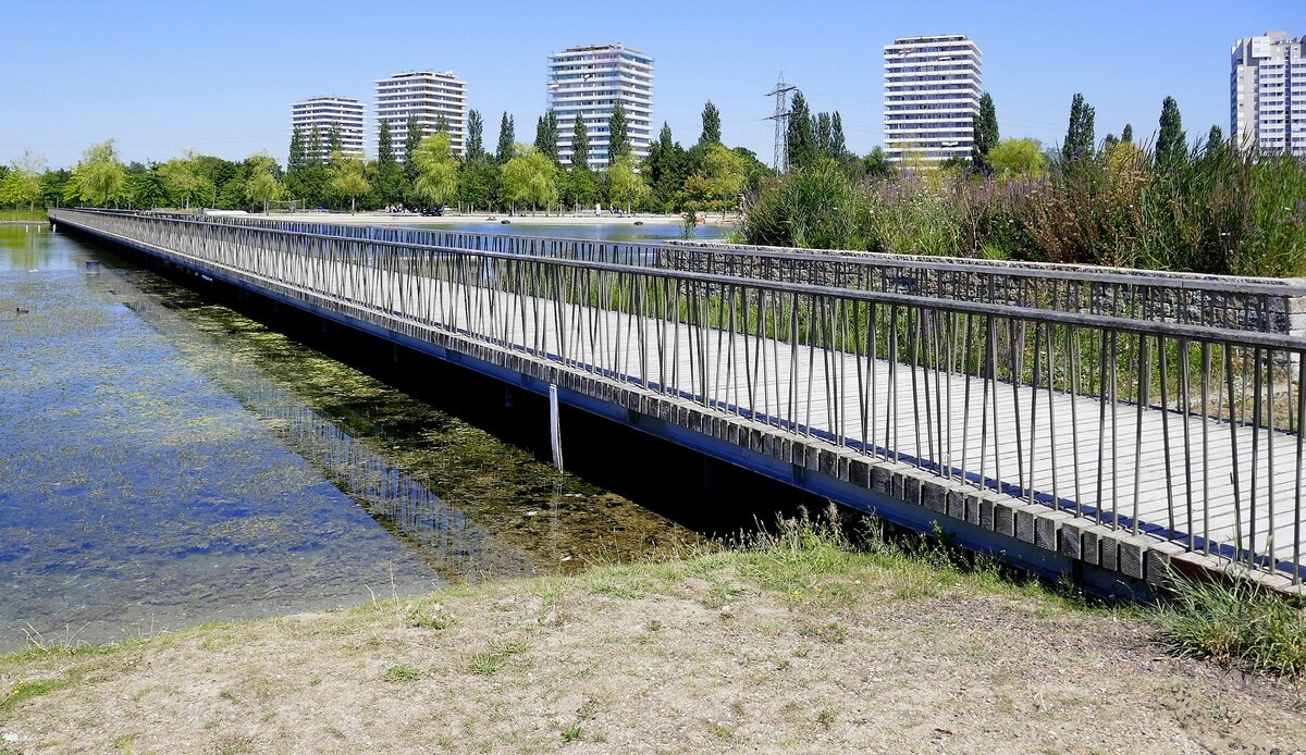 Lahr, Fu-und Radwegbrcke ber den knstlich angelegten Stegmattensee, anllich der Landesgartenschau 2018, Aug.2022