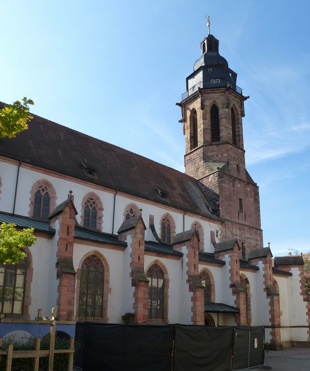 Landau, die evangelische Stiftskirche im Stadtzentrum, mit dem 55m hohen Glockenturm, Sept.2017