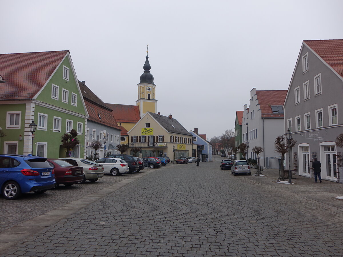 Langquaid, Huser und St. Jakob Kirche am Marktplatz (12.02.2017)