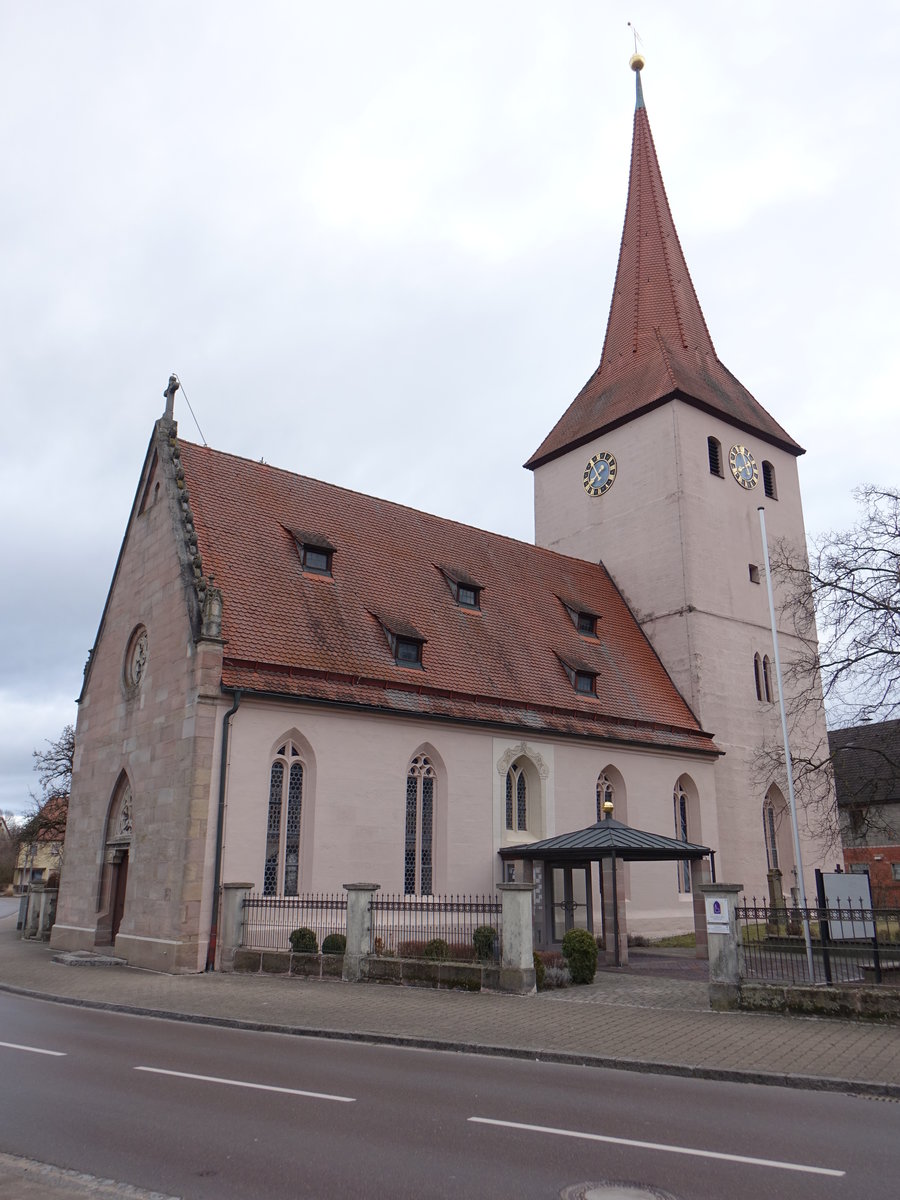 Leerstetten, Evangelisch-lutherische Pfarrkirche St. Peter und Paul, Chorturmanlage des frhen 14. Jahrhunderts, durch Karl Alexander von Heideloff im 19. Jahrhundert neugotisch umgebaut (05.03.2017)