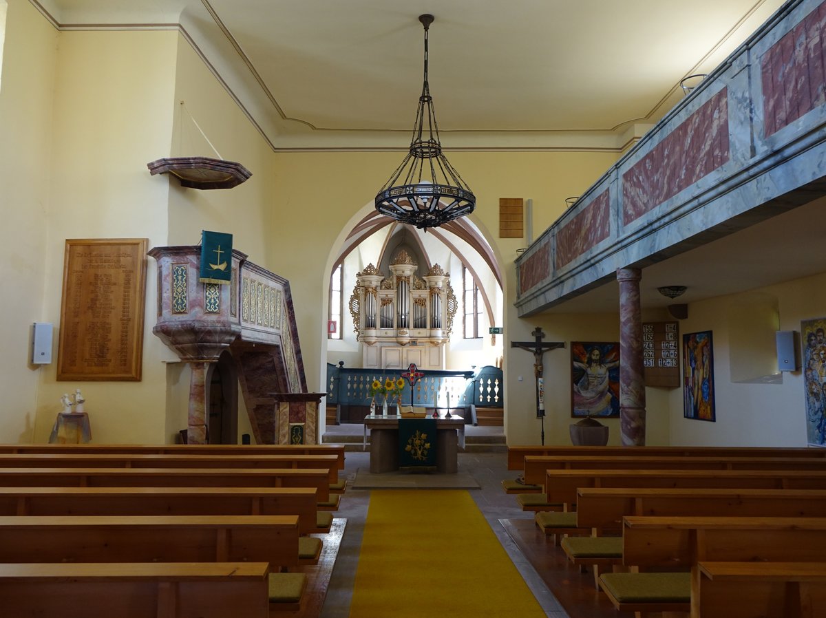 Leiselheim, Innenraum mit Kanzel und Orgel der Ev. Kirche (14.08.2016)
