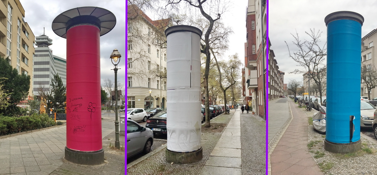 Lifasulen im Berliner Stadtgebiet. Durch einen Wechsel des Betreibers werden in Berlin z.Zt. ca. 2500 dieser Plakatsulen abgebaut. Aus Grnden des Denkmalschutz werden ca. 50 Sulen erhalten bleiben. Der neue Betreiber wird ca. 1500 neue Sulen an fr ihn lukrativen Stellen errichten. (Geo-Ansicht zeigt den Standort der Gedenksule fr den Erfinder Litfa in Berlin-Mitte.) Foto:27.03.2019