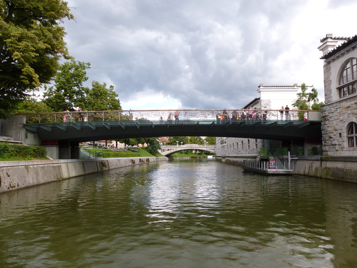 Ljubljana, die 2010 erbaute Metzgerbrücke vom Boot aus gesehen, dahinter die berühmte Drachenbrücke von 1901, Juni 2016