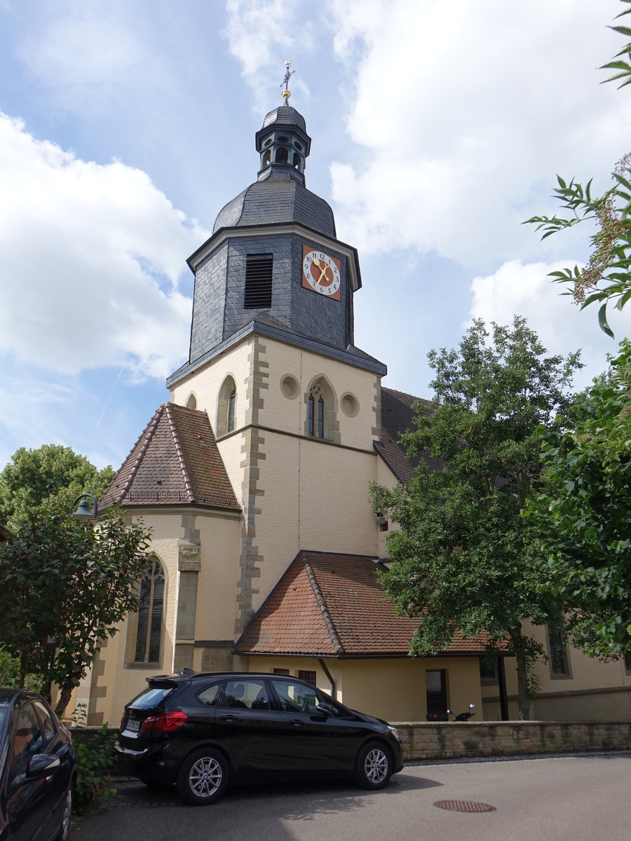 Lchgau, Ev. Pfarrkirche St. Peter, Chorturmkirche aus dem 14. Jahrhundert, Kirchturm von 1776 (24.06.2018)