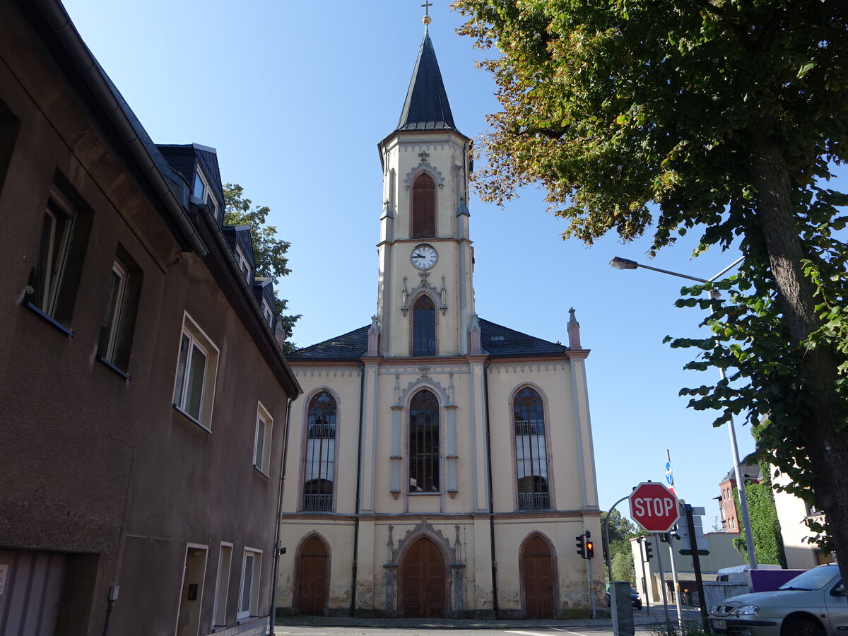 Lssnitz, evangelische Hospitalkirche St. Georg, erbaut von 1851 bis 1861 (19.08.2023)