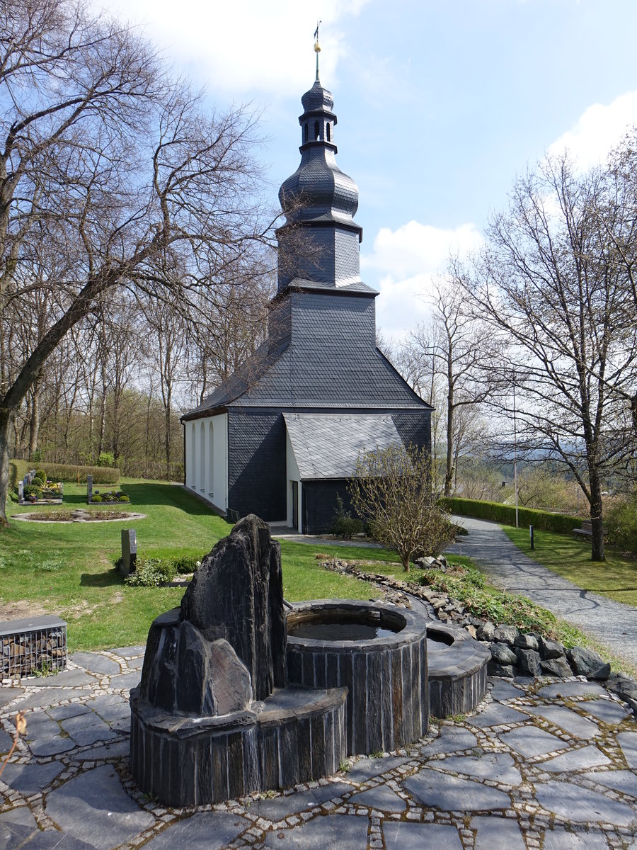 Marlesreuth, Ev. Kirche St. Simon, Saalbau mit Emporen, Satteldach mit groem Giebelreiter und geschweifter Haube, 2. Hlfte 17. Jahrhundert (14.04.2017)