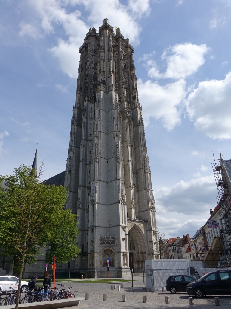 Mechelen, gotische St. Rombouts Kathedrale, erbaut von 1200 bis 1320, Mittelschiff erhht von 1365 bis 1451, Turm bis 1520, barocke Seitenportale von 1626 (27.04.2015)