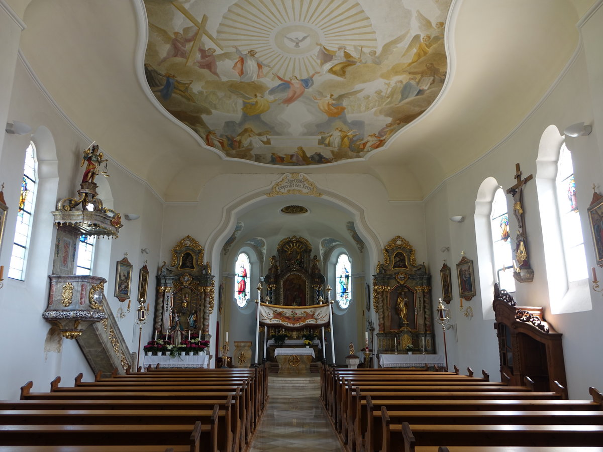Miesbrunn, Innenraum der St. Wenzelslaus Kirche, Deckenfresko gemalt 1962 von Josef Wittmann (20.05.2018)