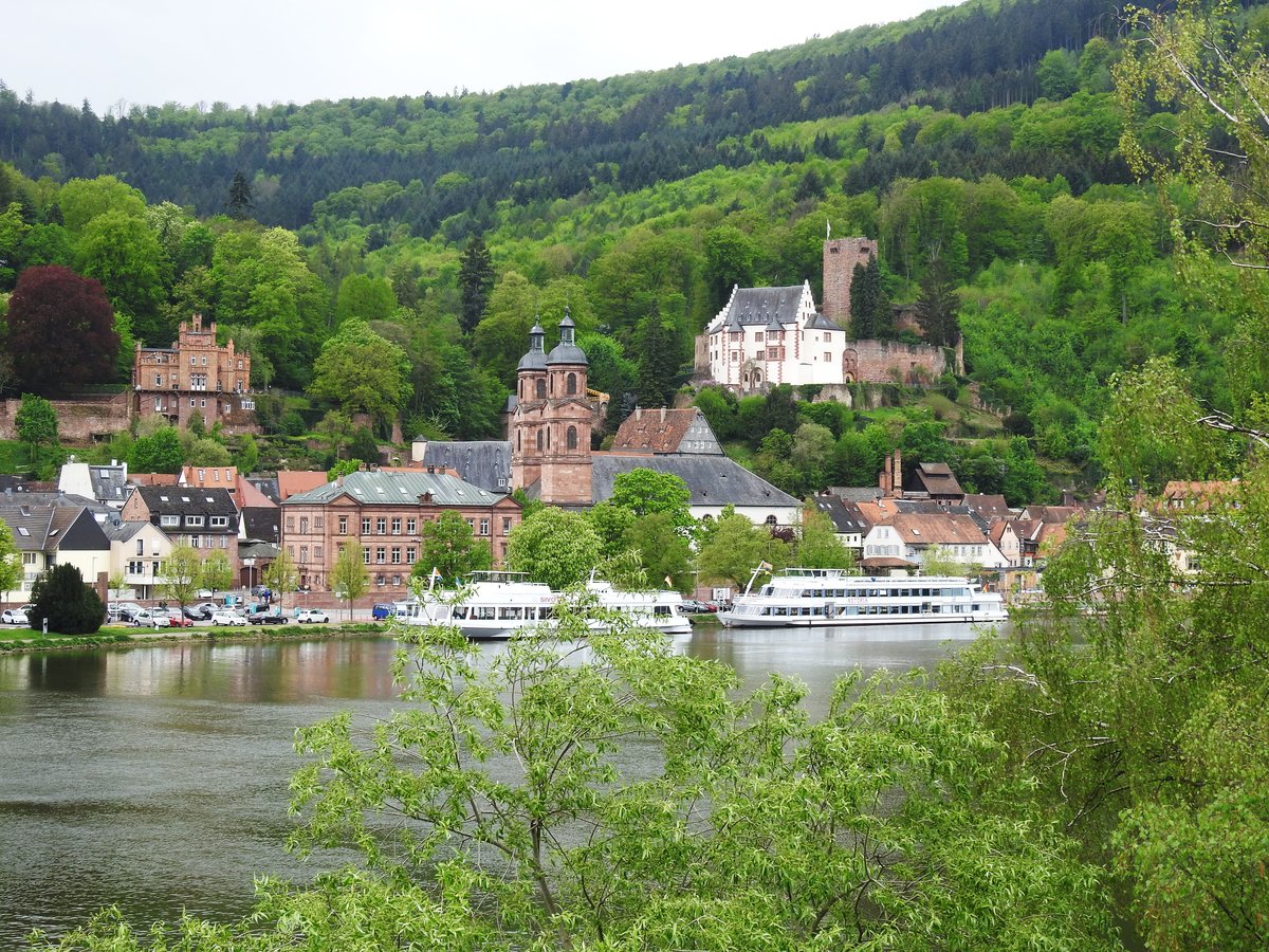 MILTENBERG/MAIN-BLICK VON DER ALTEN MAINBRCKE
Am 27.4.2019 fllt von der alten Mainbrcke,ber die der Verkehr direkt ins Zentrum rollt,der Blick auf die
Altstadt mit der rk-Pfarrkirche ST. JAKOBUS und BURG MILDENBERG hoch ber der Stadt....