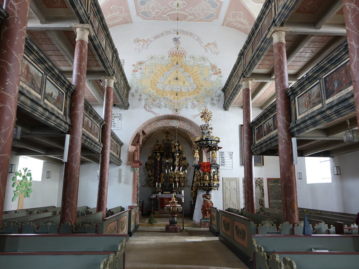 Mistelgau, Innenraum der Ev. Pfarrkirche St. Bartholomus, erbaut von 1735 bis 1737 durch Johann Andreas Knorr (19.05.2018)