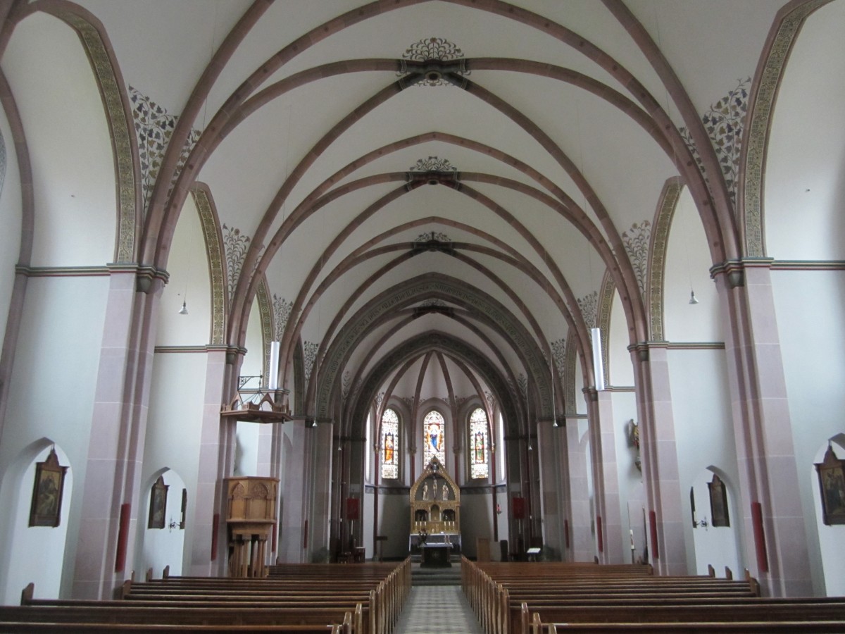 Mochenwangen, Innenraum der Maria Geburt Kirche, Altre von Theodor Schnell, Kanzel von Moritz Schlachter, Ausmalung von Anton Ettle 1921 (19.01.2014)