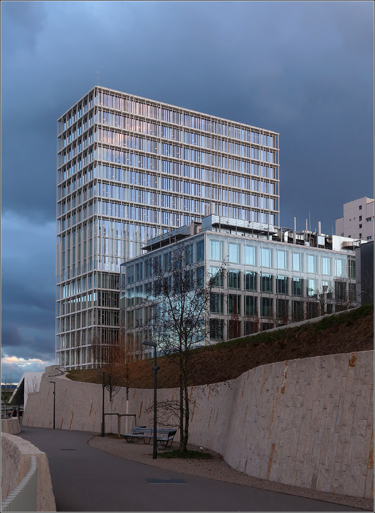 Moderne Architektur in Basel -

Neben dem Hochhaus Asklepios 8 von Herzog & de Meuron steht das vom portugiesischen Architekten Alvaro Siza geplante Laborgebude, das 2011 fertiggestellt wurde.
Neben diesen beiden Gebuden gibt es etliche weitere Huser bekannter Architekten im Novartis Campus. Darunter Frank Gehry, David Chipperfield, SANAA, Diener & Diener.

07.03.2019 (M)