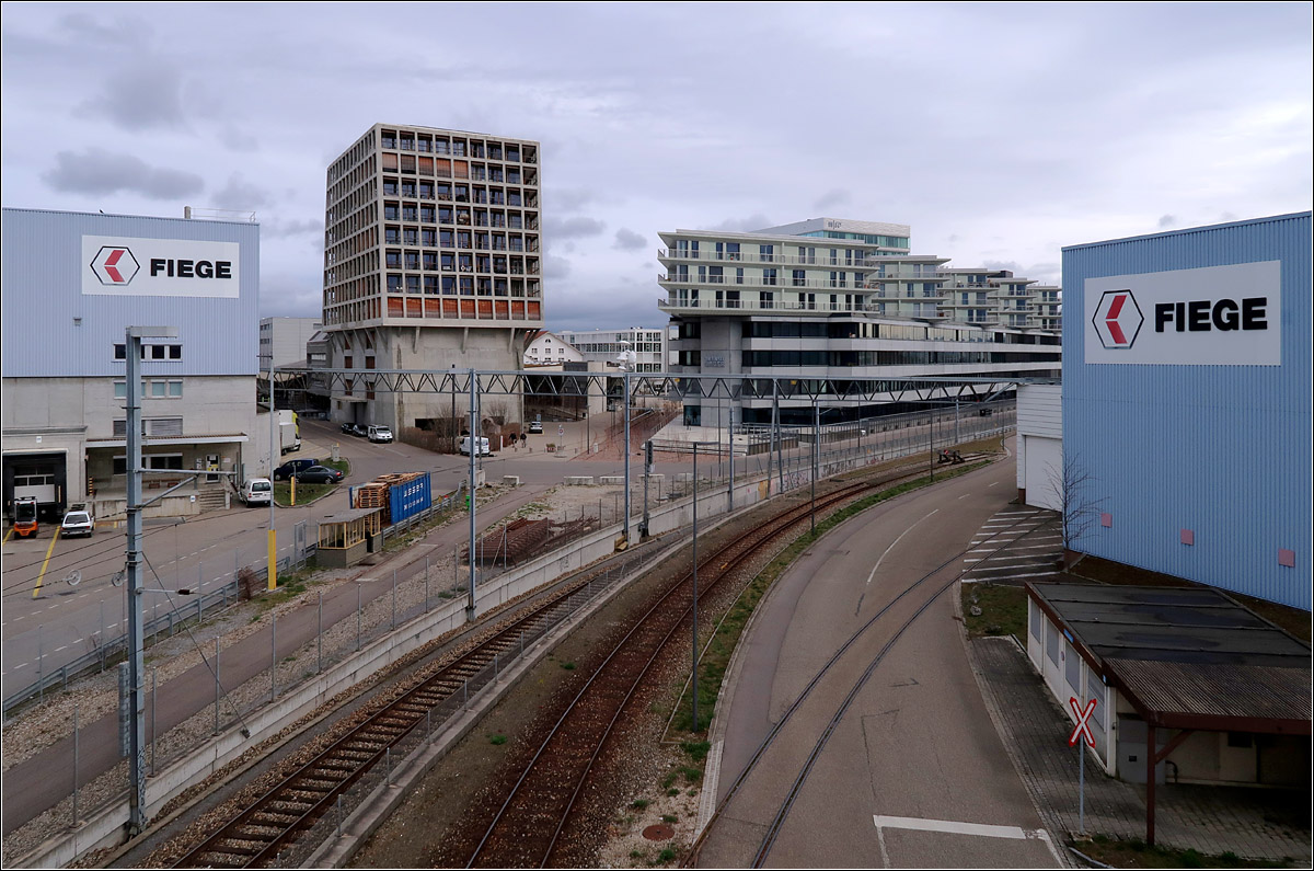 Moderne Architektur bei Basel -

Das Industrie- und Gewerbegebiet Dreispitz liegt zum Teil im Stadtgebiet von Basel und im Gemeindegebiet von Mnchenstein. Das Gebiet befindet sich im Wandel, wobei der Charakter schon ein Stck weit erhalten bleibt, aber auch ganz andere Nutzungen angesiedelt werden wie Wohnungen, Bildungs- und kulturelle Einrichtungen. Im sdlichen Teil des Dreispitz-Areales haben sich schon neue Nutzungen angesiedelt. 

Das Gebude rechts das 'Helsinki Dreispitz' enthlt ber einem ziemlich geschlossen Sockel, mit dem Archiv der Architekten Herzog & de Meuron, einen Aufbau mit verglasten Wohnungen hinter einem Betonraster. Herzog & de Meuron sind auch die Architekten des Gebudes, das 2014 fertiggestellt wurde. 
Links das Transitlager der dnischen Planer BIG (Bjarke Ingels Group), die einen sechziger Jahre Bau durch ein Zick-Zack-frmigen Aufbau mit Wohnungen erweiterten, fertig war dieser 2017.
Hinter dem Transitlager schaut noch das oberste Stockwerk der Hochschule fr Gestaltung und Kunst hervor, Architekten Morger + Dettli, Fertigstellung 2014.

Aufgenommen wurde das Bild von einem Steg ber die dortige Industriegleisanlagen.

08.03.2019