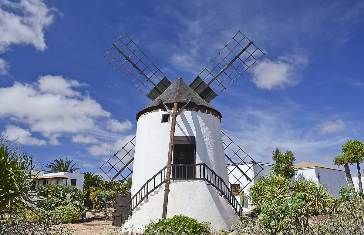 Molino de Antigua auf der Insel Fuerteventura - eine der Windmhlen, die fr den wirtschaftlichen Wohlstand sorgten, beherbergt seit 1997 ein Kunsthandwerkszentrum mit Ausstellungen.
Aufnahme: 19. Oktober 2017.