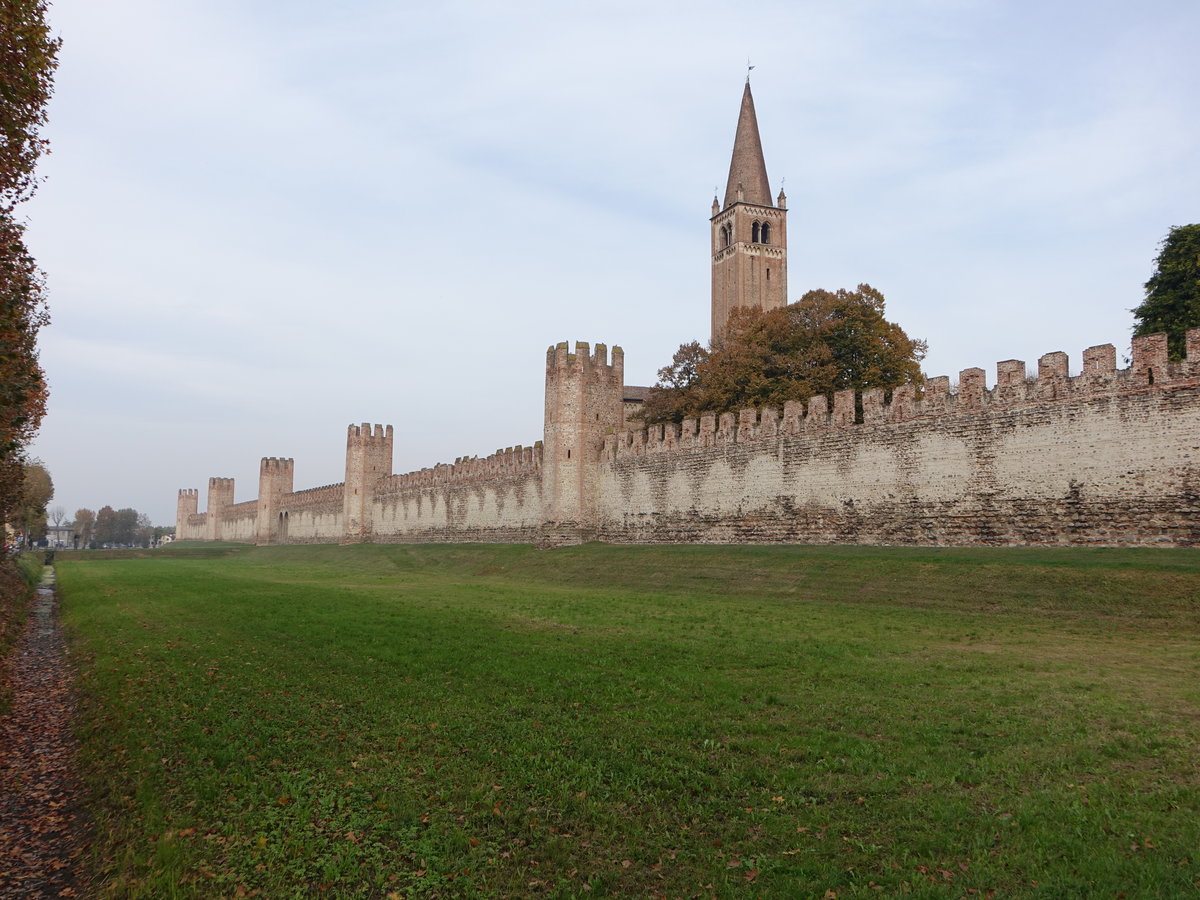 Montagnana, Stadtmauer aus dem 14. Jahrhundert und Kirchturm der San Francesco Kirche (29.10.2017)