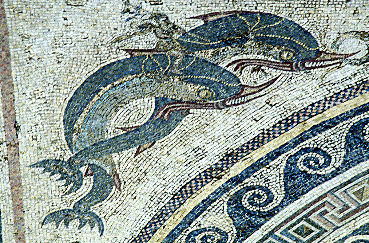 Mosaik im Haus der Delfinen auf Delos. Bild vom Dia. Aufnahme: Juni 1992.