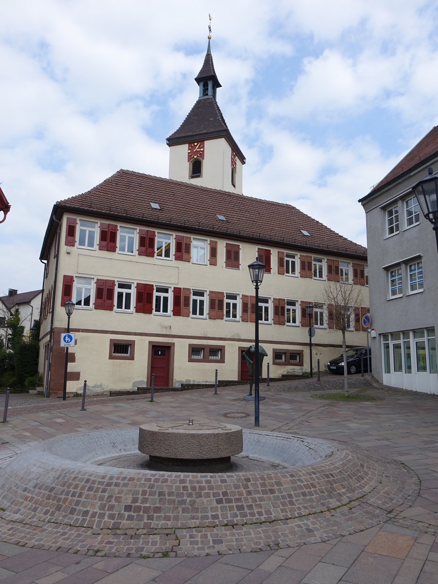 Mnchingen, Pfarrhaus und Johanneskirche, Kirche erbaut 1488 (10.04.2016)